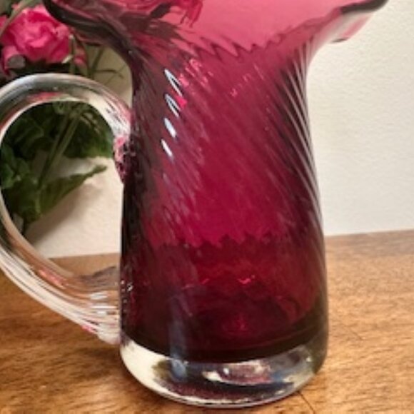 Vintage Cranberry Glass Swirl Pitcher – Clear Handle and Ruffled Rim - Picture 4 of 4